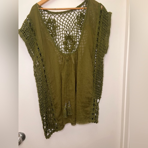 Free People Olive Green Crochet Lace Swim Cover Up Boho Tunic Top S - Picture 5 of 9